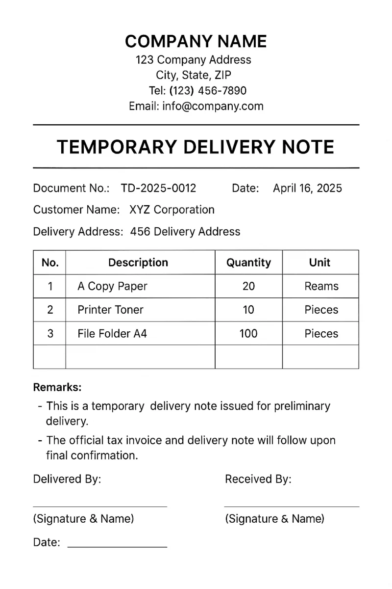 ใบส่งสินค้าชั่วคราว (2569) ใบคราวใบคราวใบคราวหมายเอกสารตกลง? 2 Temporary_Delivery_Note_Template