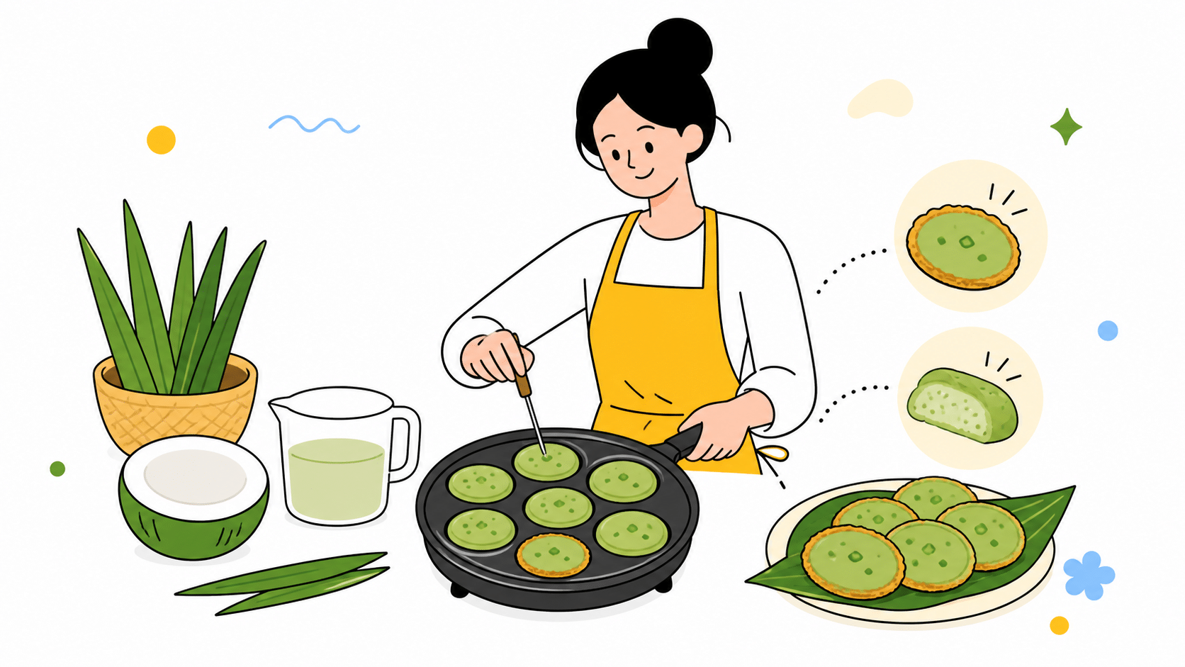 ภาพคนทำขนมครกสีเขียวจากใบเตยและกะทิในครัวสะอาด